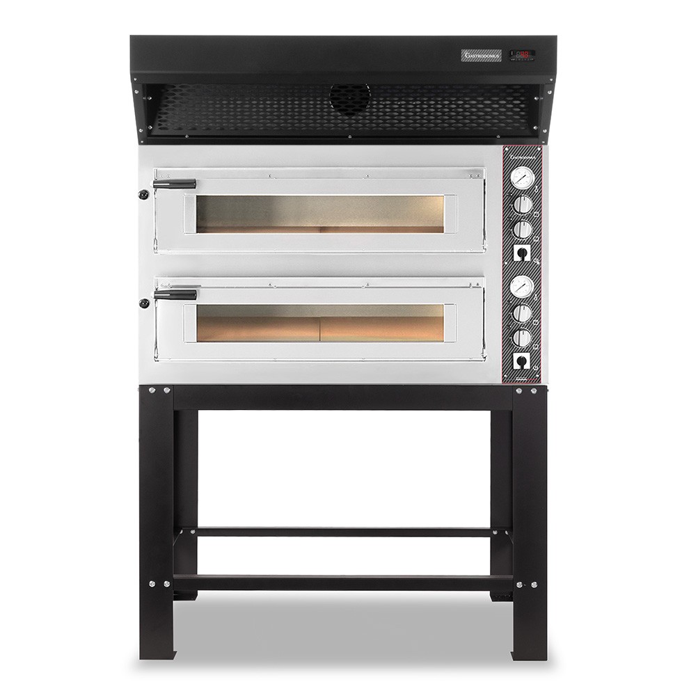 Forno Elettrico 2 camere per 6+6 pizze Ø 350mm, controllo meccanico, con cappa a condensazione nera e supporto