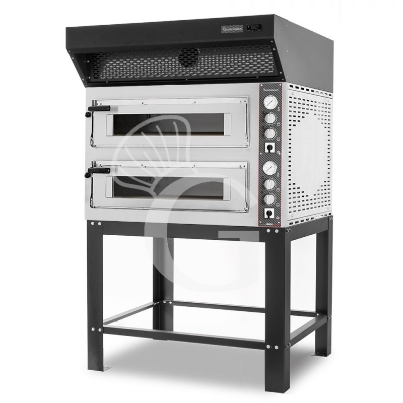 Forno Elettrico 2 camere per 6+6 pizze Ø 350mm, controllo meccanico, con cappa a condensazione nera e supporto