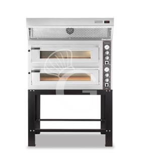 Forno Elettrico 2 camere per 6+6 pizze Ø 350mm, controllo meccanico, con cappa a condensazione inox e supporto