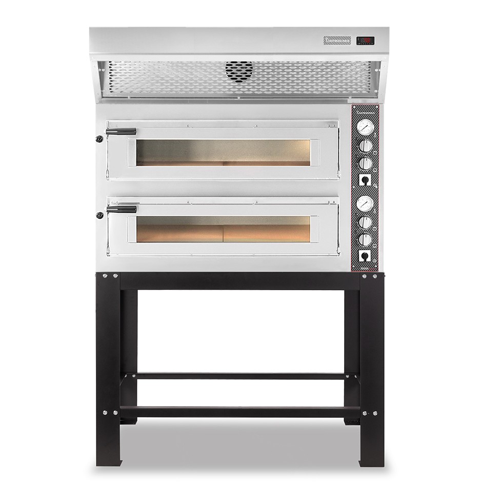 Forno Elettrico 2 camere per 6+6 pizze Ø 350mm, controllo meccanico, con cappa a condensazione inox e supporto