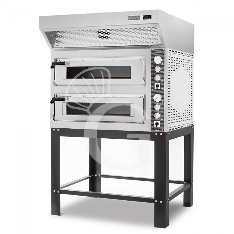 Forno Elettrico 2 camere per 6+6 pizze Ø 350mm, controllo meccanico, con cappa a condensazione inox e supporto