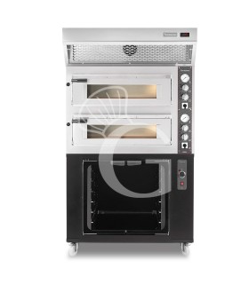 Forno Elettrico 2 camere per 4+4 pizze Ø 350 mm, controllo meccanico, cappa a condensazione inox e cella di lievitazione nera