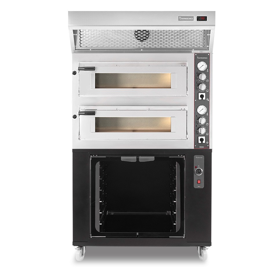 Forno Elettrico 2 camere per 4+4 pizze Ø 350 mm, controllo meccanico, cappa a condensazione inox e cella di lievitazione nera