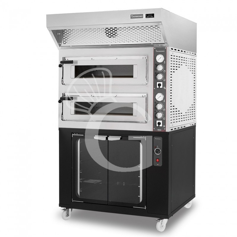 Forno Elettrico 2 camere per 4+4 pizze Ø 350 mm, controllo meccanico, cappa a condensazione inox e cella di lievitazione nera