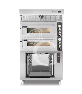 Forno Elettrico 2 camere per 4+4 pizze Ø 350 mm, controllo meccanico, cappa a condensazione inox e cella di lievitazione inox
