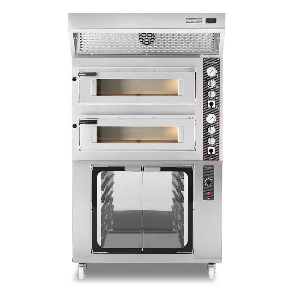 Forno Elettrico 2 camere per 4+4 pizze Ø 350 mm, controllo meccanico, cappa a condensazione inox e cella di lievitazione inox