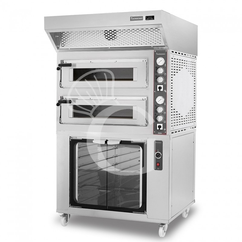 Forno Elettrico 2 camere per 4+4 pizze Ø 350 mm, controllo meccanico, cappa a condensazione inox e cella di lievitazione inox