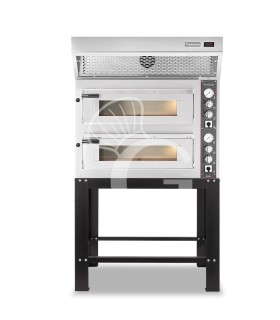 Forno Elettrico 2 camere per 4+4 pizze Ø 350 mm, controllo meccanico, completo di cappa a condensazione inox e supporto