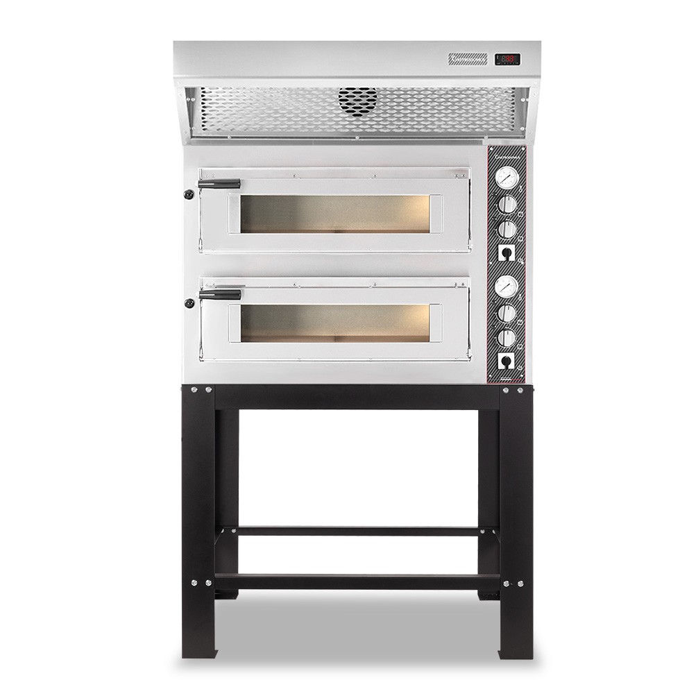 Forno Elettrico 2 camere per 4+4 pizze Ø 350 mm, controllo meccanico, completo di cappa a condensazione inox e supporto