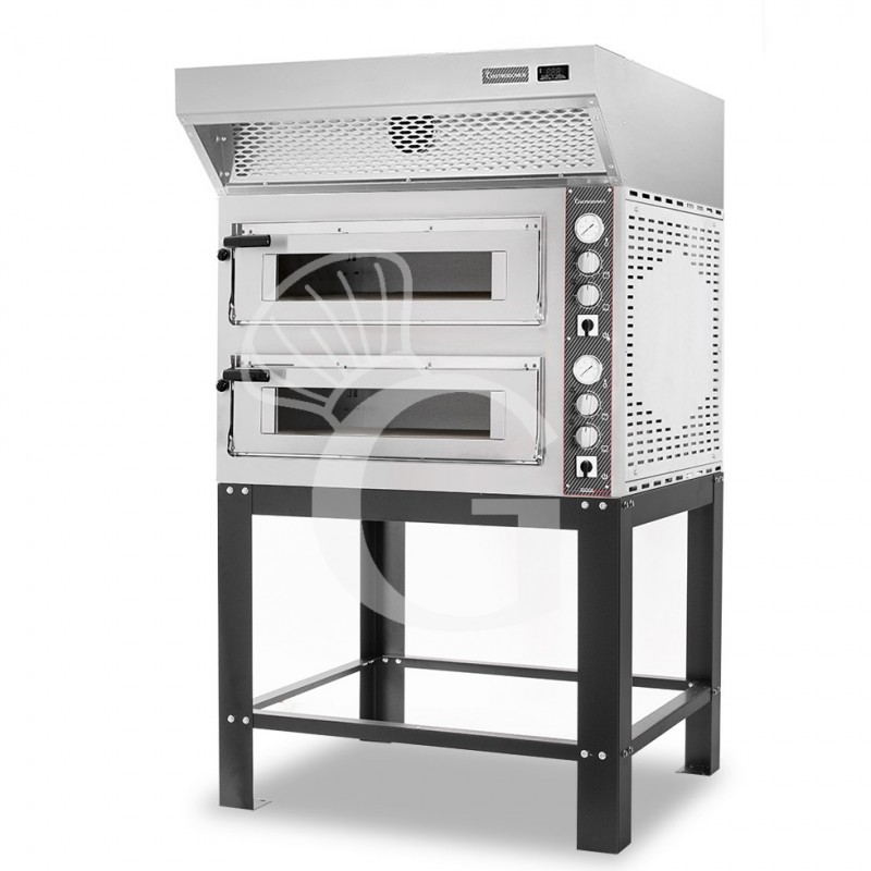 Forno Elettrico 2 camere per 4+4 pizze Ø 350 mm, controllo meccanico, completo di cappa a condensazione inox e supporto