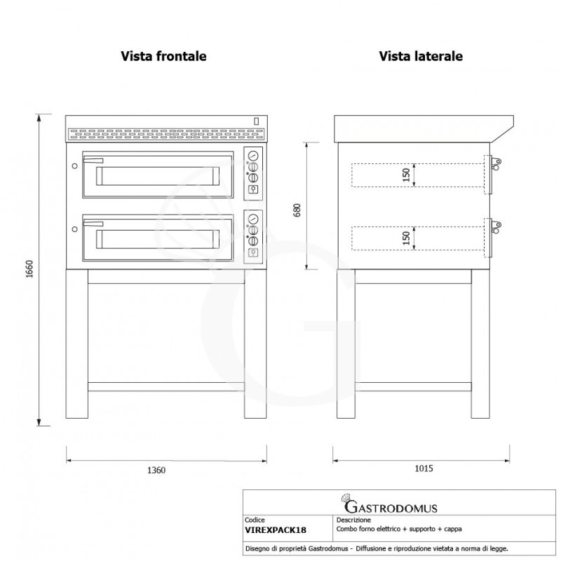 Forno Elettrico 2 camere per 6+6 pizze Ø 350 mm, controllo meccanico, completo di cappa inox e supporto