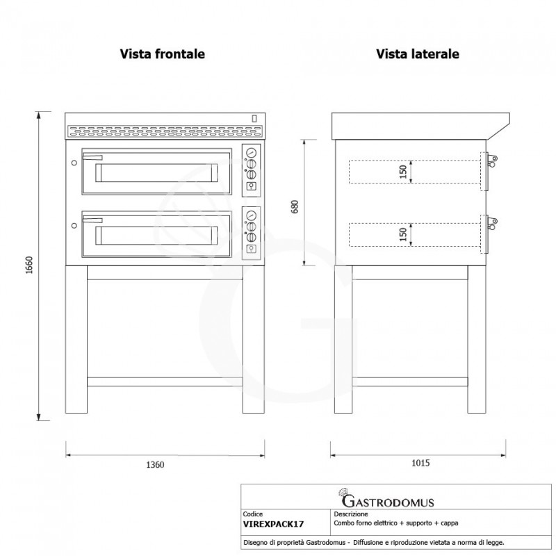 Forno Elettrico 2 camere per 6+6 pizze Ø 350 mm, controllo meccanico, completo di cappa nera e supporto
