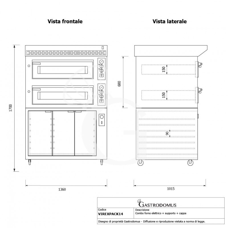 Forno Elettrico 2 camere per 6+6 pizze Ø 350 mm, controllo meccanico, completo di cappa inox e cella di lievitazione inox