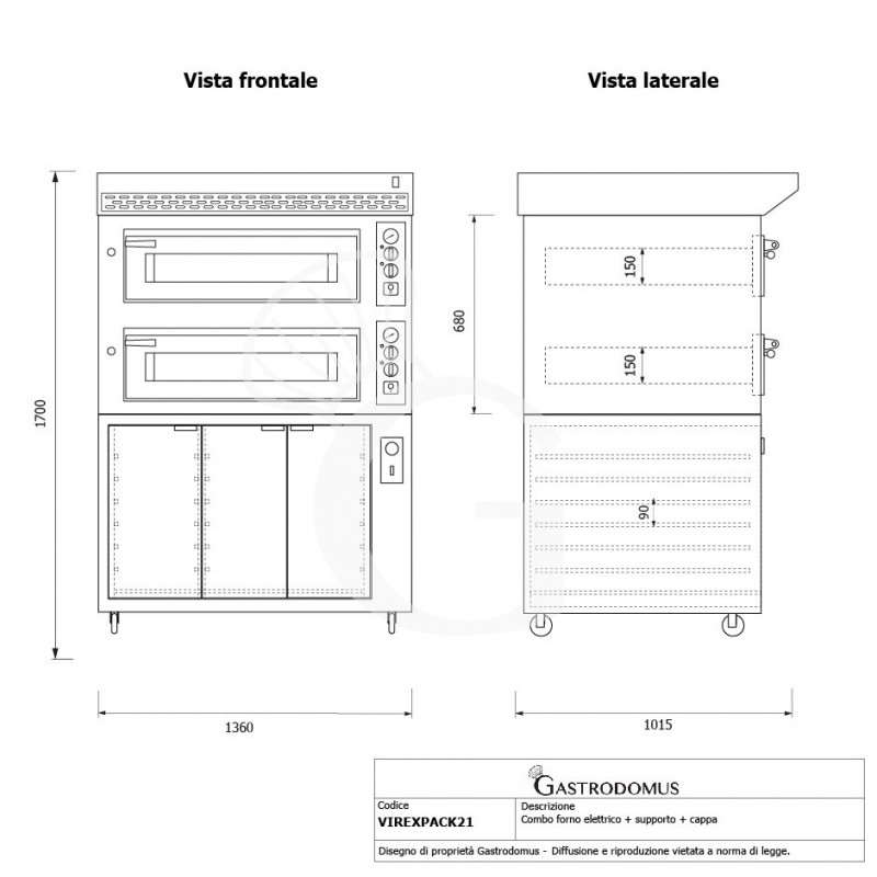 Forno Elettrico 2 camere per 6+6 pizze Ø 350 mm, controllo meccanico, completo di cappa nera e cella di lievitazione inox