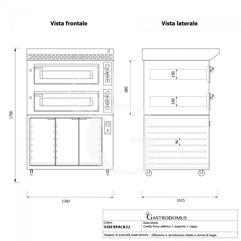 Forno Elettrico 2 camere per 6+6 pizze Ø 350 mm, controllo meccanico, completo di cappa inox e cella di lievitazione nera