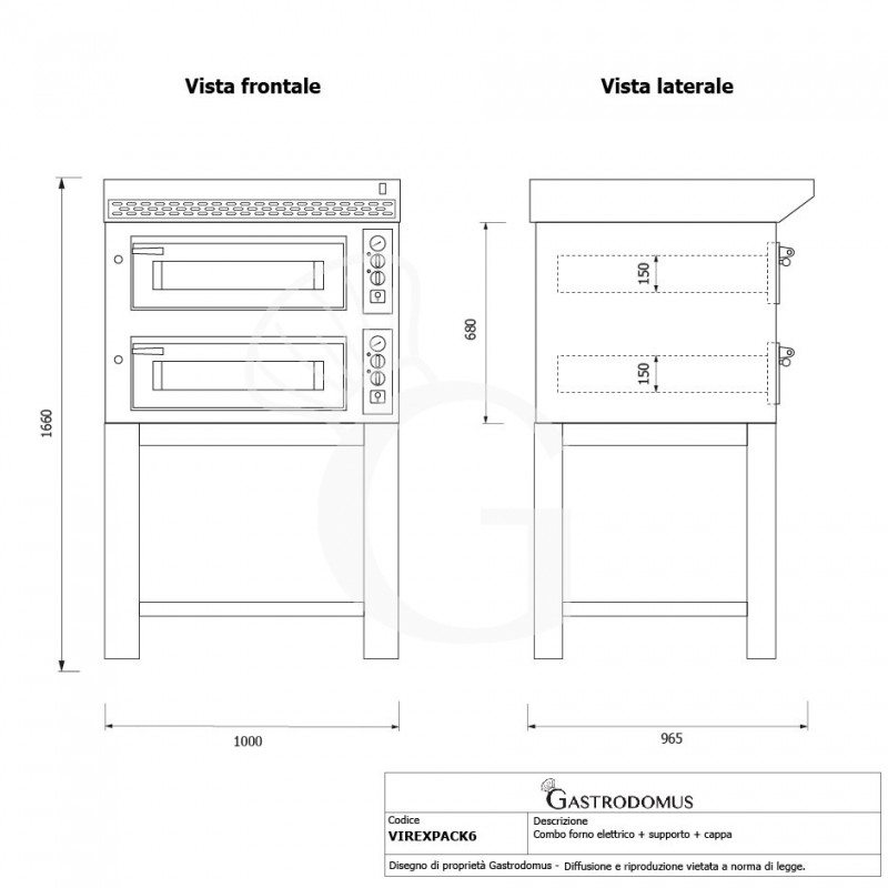 Forno Elettrico 2 camere per 4+4 pizze Ø 350 mm, controllo meccanico, completo di cappa inox e supporto
