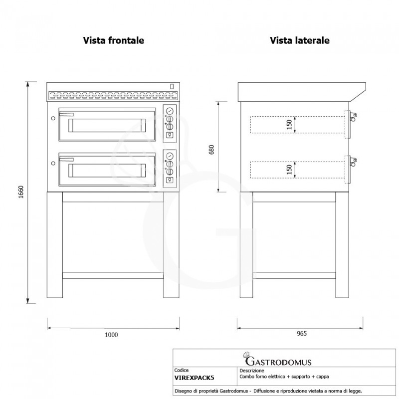 Forno Elettrico 2 camere per 4+4 pizze Ø 350 mm, controllo meccanico, completo di cappa nera e supporto