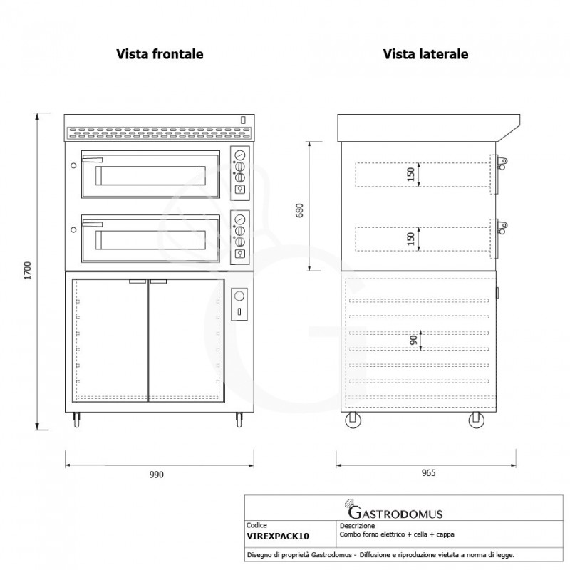 Forno Elettrico 2 camere per 4+4 pizze Ø 350 mm, controllo meccanico, completo di cappa inox e cella di lievitazione nera