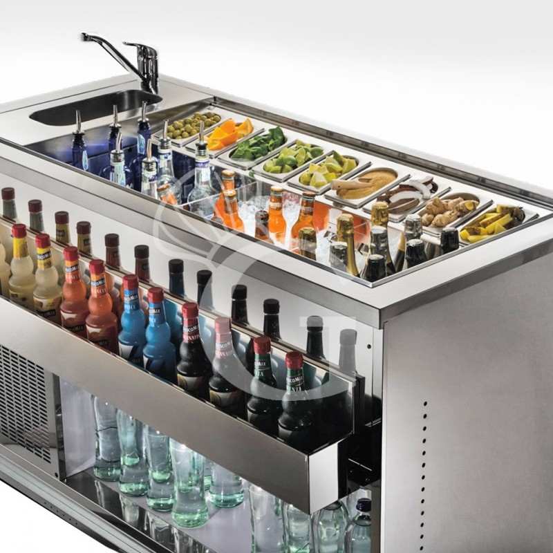 Banco cocktail su ruote con frontale in nobilitato calacatta L 1000 x P 682 x H 950 mm