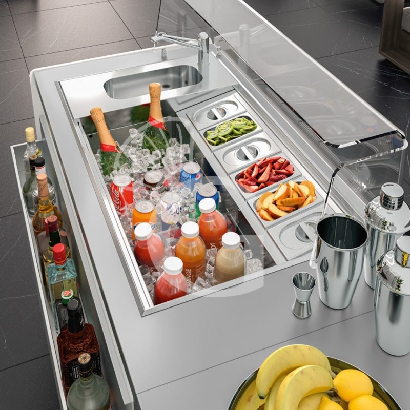 Banco cocktail su ruote con frontale in nobilitato calacatta L 1000 x P 682 x H 950 mm