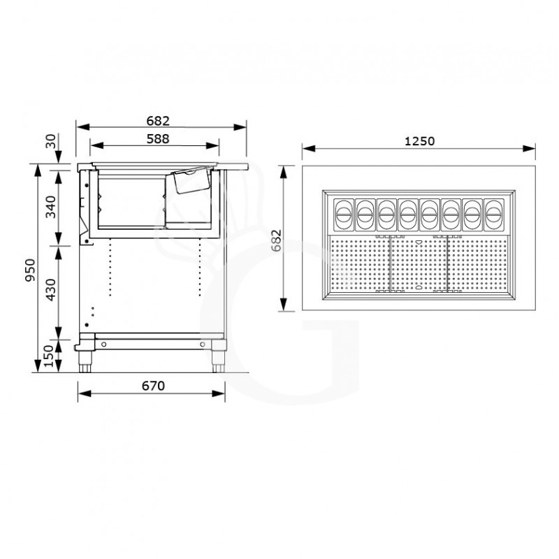 Banco cocktail su ruote con frontale in nobilitato legno L 1250 x P 682 x H 950 mm