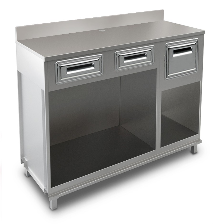 Bancone bar per macchina caffè con cassetti, tramoggia e piano in inox con alzatina - L1500xP560xH1224mm