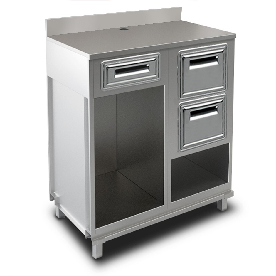 Bancone bar per macchina caffè con cassetto, 2 tramogge e piano in inox con alzatina  - L 1000 mm x P 560 mm x H 1224mm