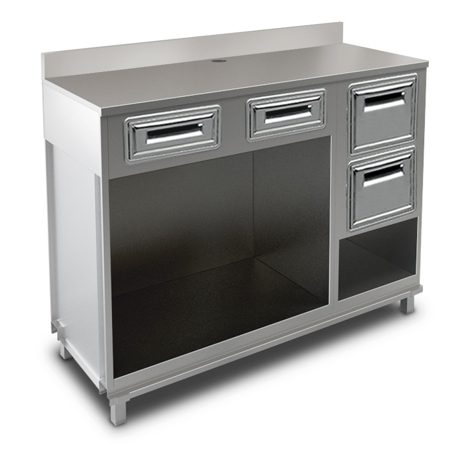 Bancone bar per macchina caffè con cassetti, tramoggia con riserva e piano in inox con alzatina - L1500xP560xH1224mm