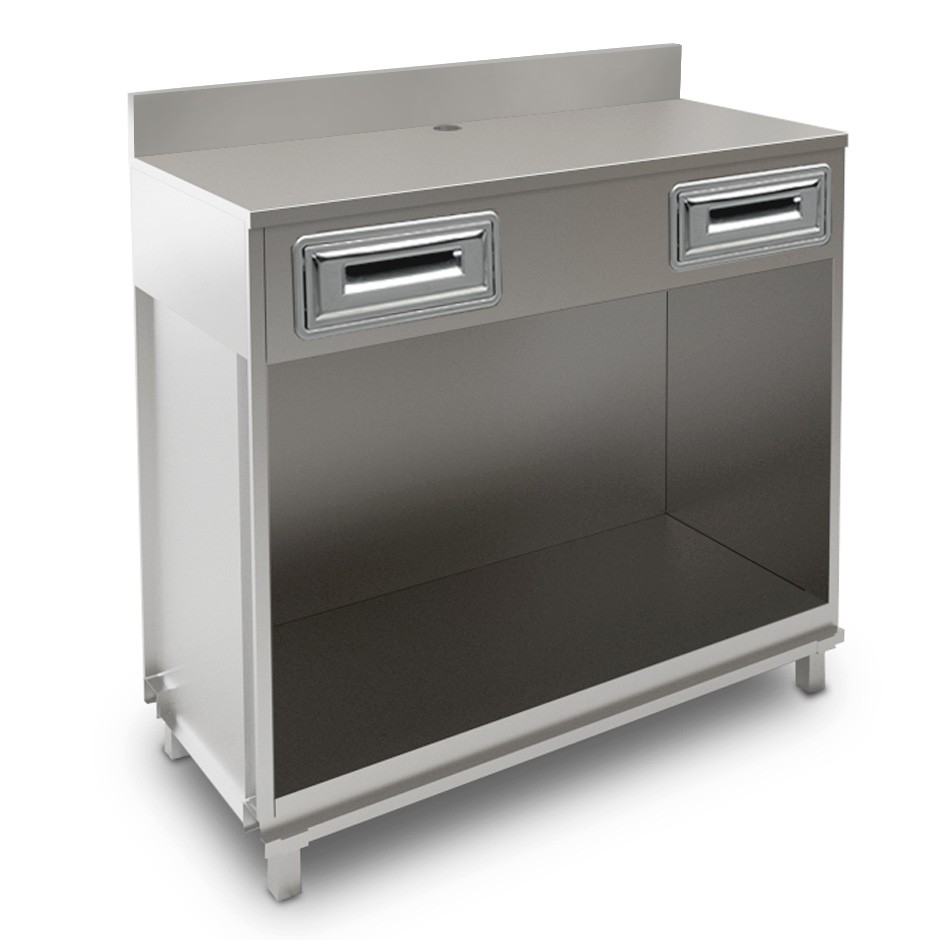 Banco bar per macchina caffè con cassetti e piano in inox con alzatina - L 1250 mm x P 680 mm x H 1224 mm