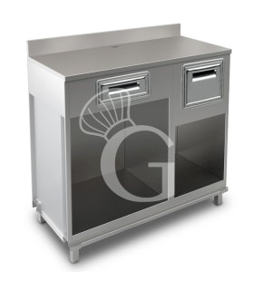 Bancone bar per macchina caffè con cassetto, tramoggia e piano in inox con alzatina - L1250xP680xH1224mm