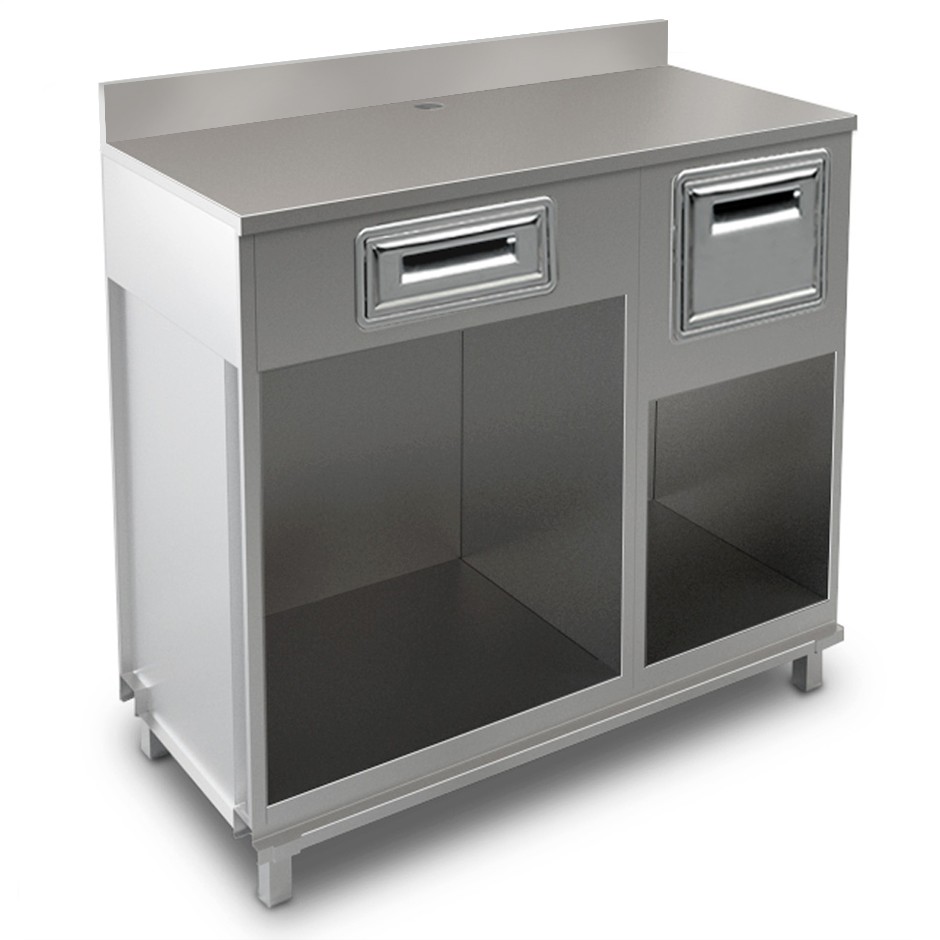 Bancone bar per macchina caffè con cassetto, tramoggia e piano in inox con alzatina - L1250xP680xH1224mm