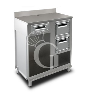 Bancone bar per macchina caffè con cassetto, tramoggia con riserva e piano in inox con alzatina - L1000xP680xH1224mm