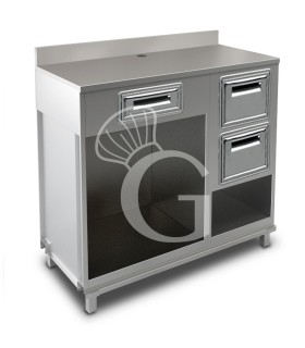 Bancone bar per macchina caffè con cassetto, tramoggia con riserva e piano in inox con alzatina - L1250xP680xH1224mm