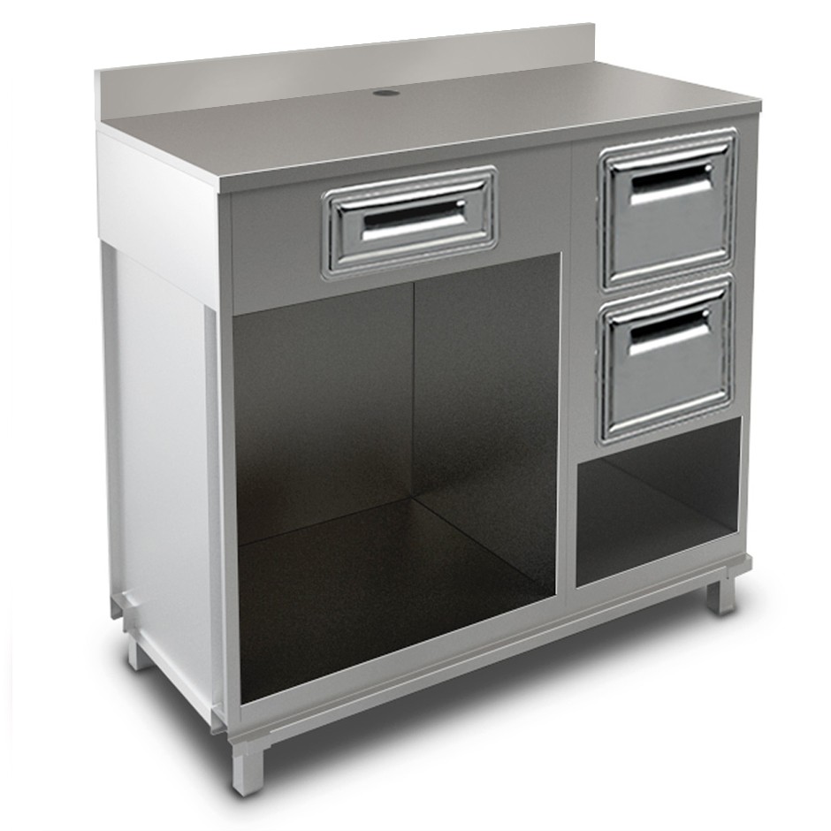 Bancone bar per macchina caffè con cassetto, tramoggia con riserva e piano in inox con alzatina - L1250xP680xH1224mm