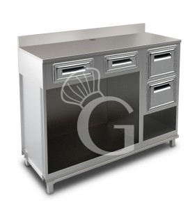 Bancone bar per macchina caffè con cassetto, tramoggia con riserva e piano in inox con alzatina - L1500xP680xH1224mm