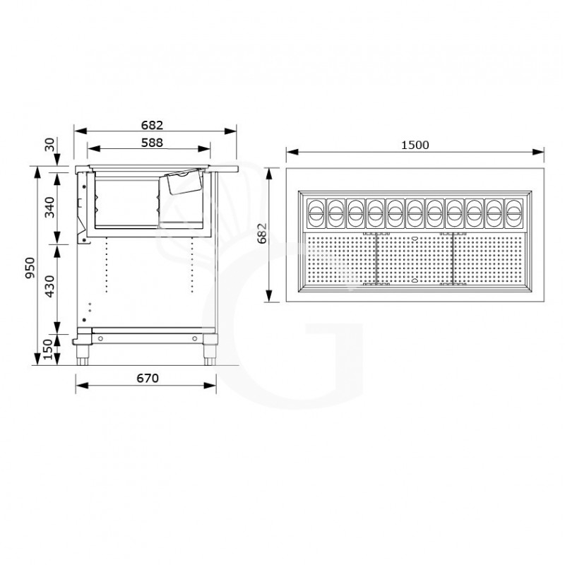 Banco cocktail su ruote con frontale blu L 1500 x P 682 x H 950 mm