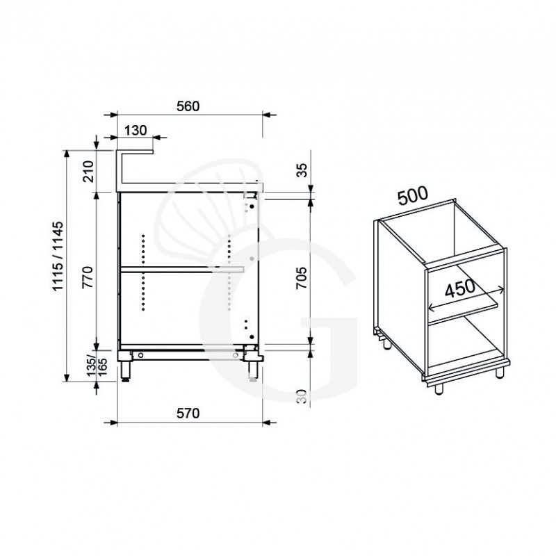 Banco bar neutro a giorno con supporto bancalina L 500 mm x P 560 mm x H 1145 mm