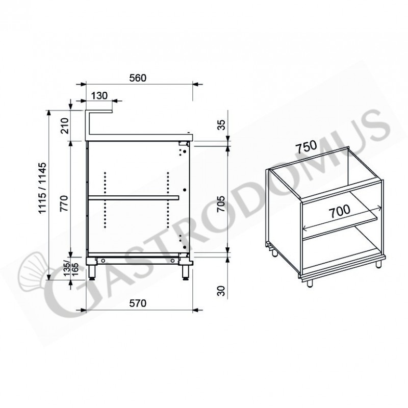 Banco bar neutro a giorno con supporto bancalina L 750 mm x P 560 mm x H 1145 mm