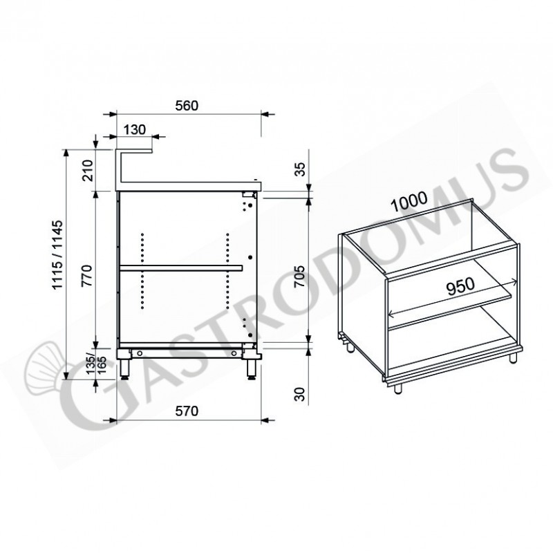 Banco bar neutro a giorno con supporto bancalina L 1000 mm x P 560 mm x H 1145 mm