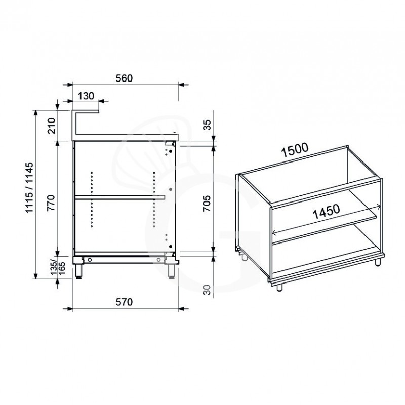 Banco bar neutro a giorno con supporto bancalina L 1500 mm x P 560 mm x H 1145 mm