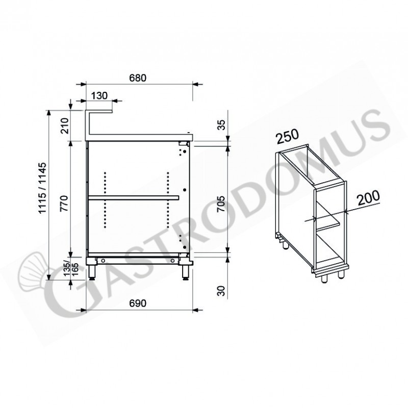 Banco bar neutro a giorno con supporto bancalina L 250 mm x P 680 mm x H 1145 mm