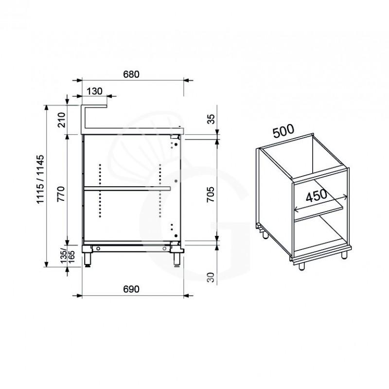 Banco bar neutro a giorno con supporto bancalina L 500 mm x P 680 mm x H 1145 mm