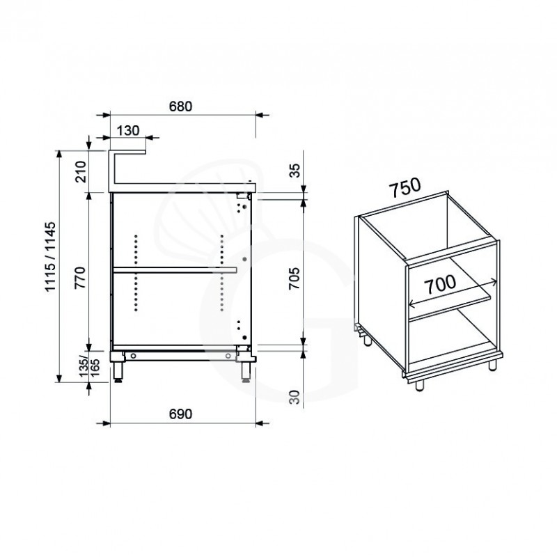 Banco bar neutro a giorno con supporto bancalina L 750 mm x P 680 mm x H 1145 mm