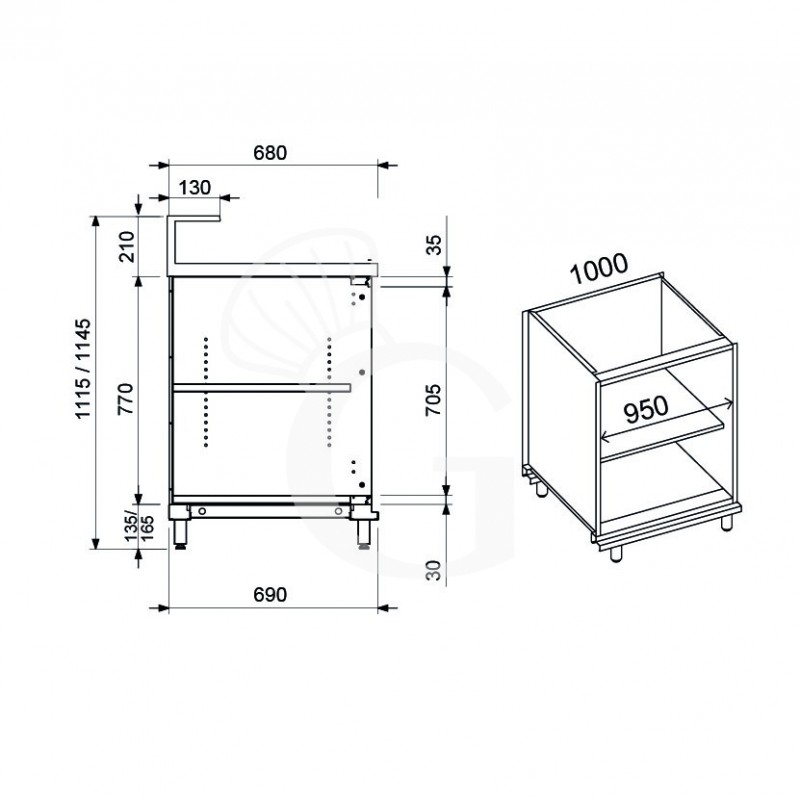 Banco bar neutro a giorno con supporto bancalina L 1000 mm x P 680 mm x H 1145 mm