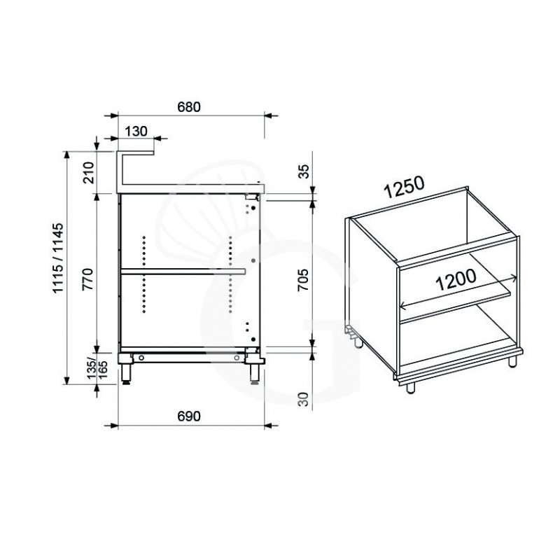 Banco bar neutro a giorno con supporto bancalina L 1250 mm x P 680 mm x H 1145 mm
