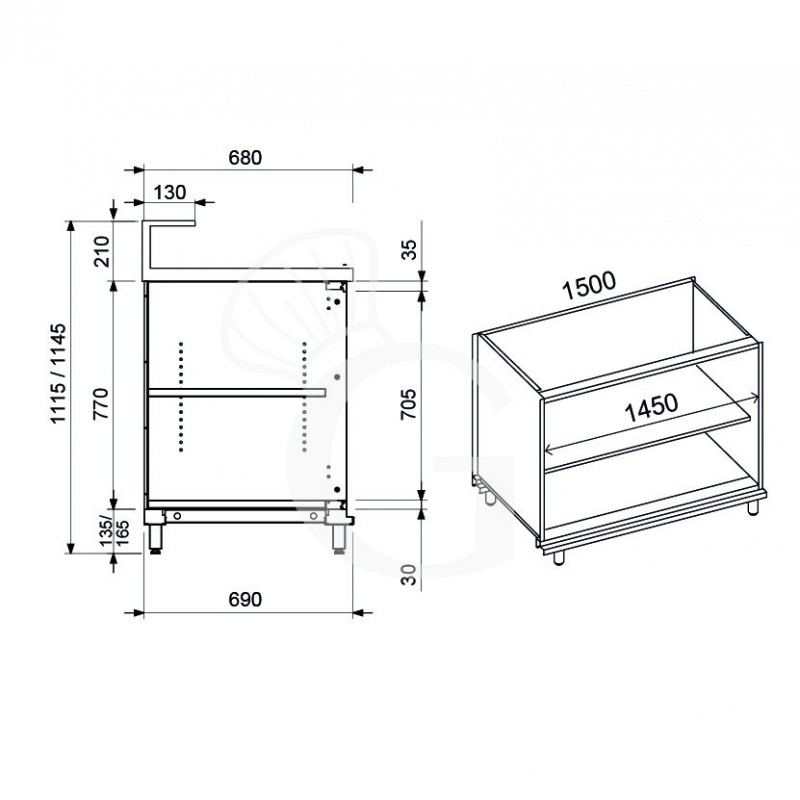 Banco bar neutro a giorno con supporto bancalina L 1500 mm x P 680 mm x H 1145 mm