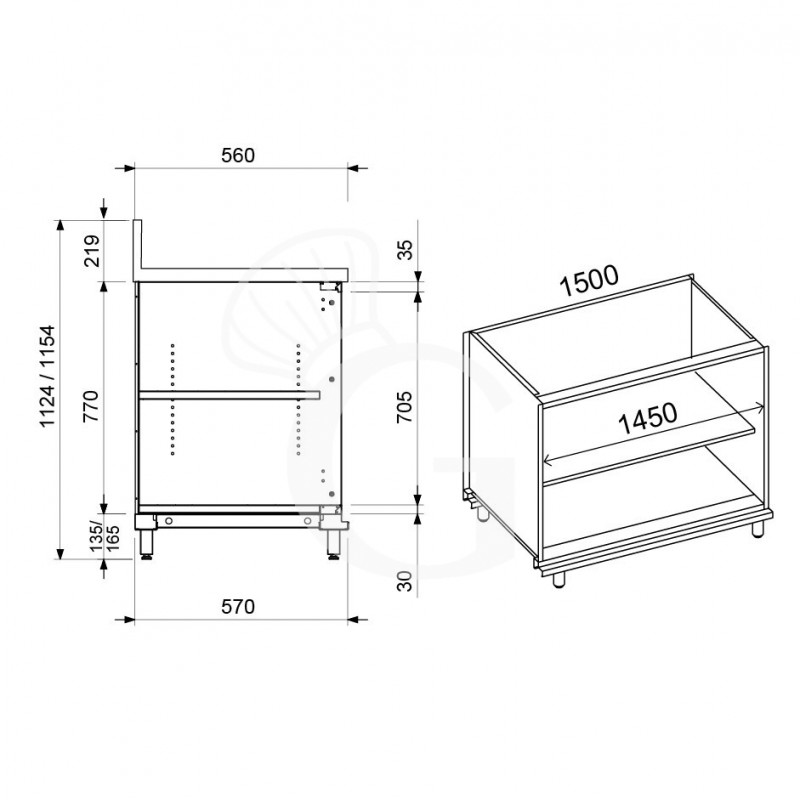 Retrobanco bar neutro a giorno con alzatina L 1500 mm x P 560 mm x H 1154 mm