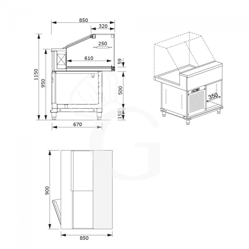 Vetrina refrigerata statica senza cella di riserva 1 ripiano, temp. +4°C/+8°C, L 900 mm