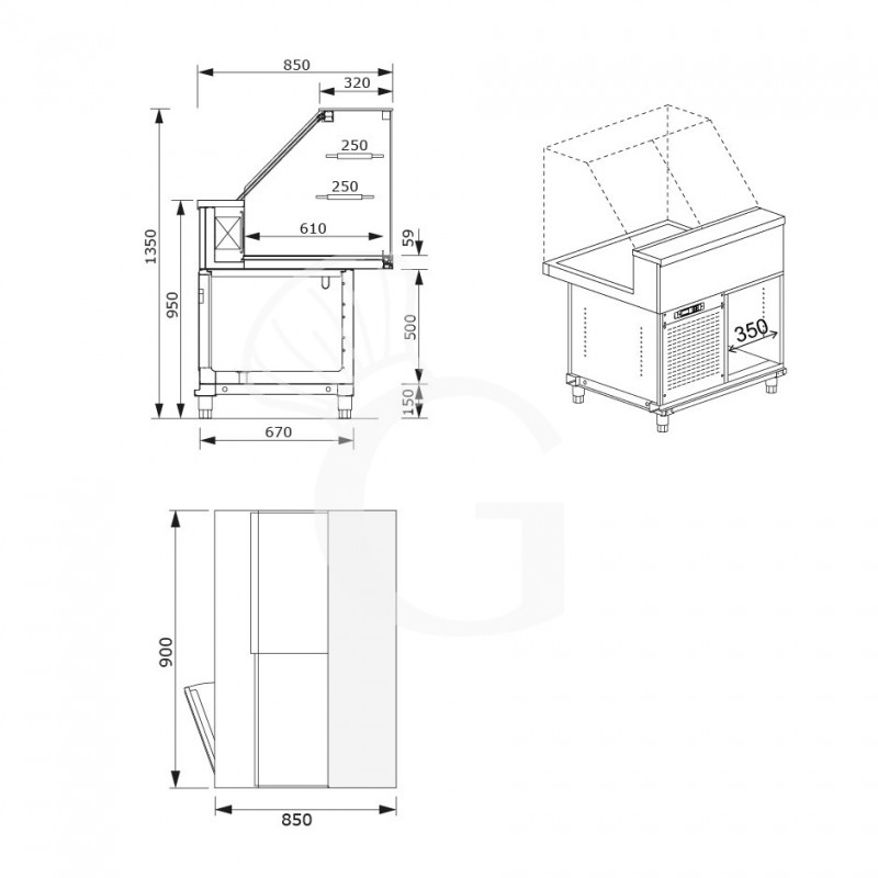 Vetrina refrigerata statica senza cella di riserva 2 ripiani, temp. +4°C/+8°C, L 900 mm