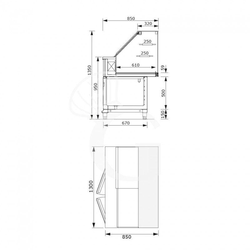Vetrina refrigerata statica con cella di riserva 1 vano, 2 ripiani, temp. +4°C/+8°C, L 1300 mm